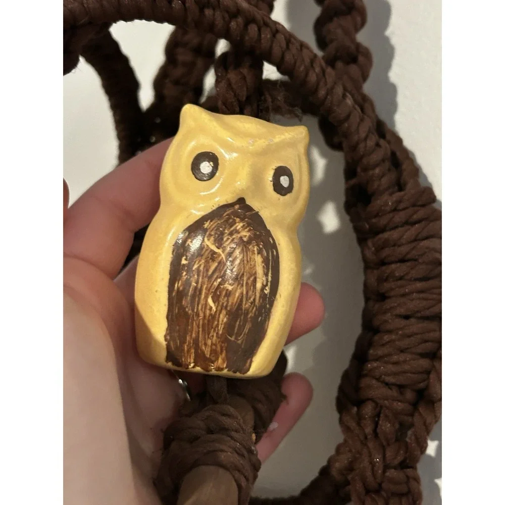 70's‎ Macrame Hanging Plant Holder Ceramic Owl Boho Beads Hippie 58